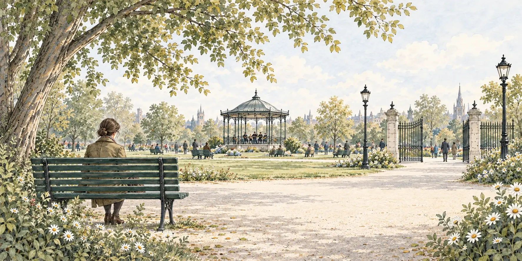 An illustrated park with quiet paths and people whose stories are waiting to be imagined.